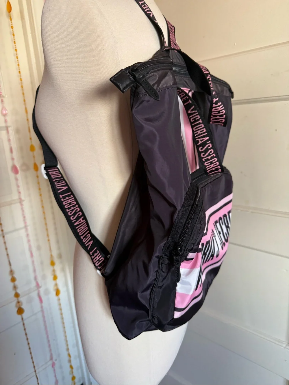 Victoria’s Secret 2019 Black Pink Stripe Logo Backpack Travel Bag